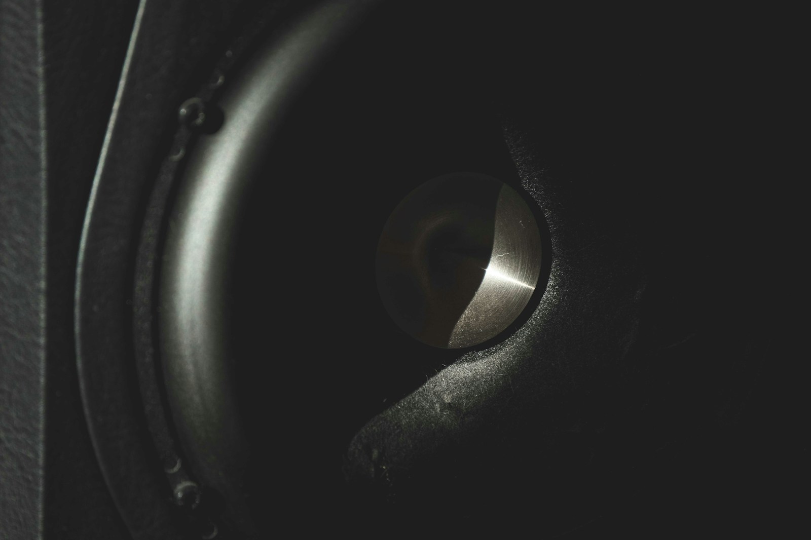 extreme close-up of a studio monitor showing the woofer cone and AMT tweeter waveguide