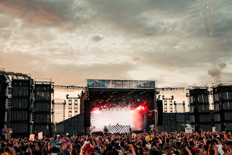 Essential festival gear including earplugs, hydration pack, and power bank