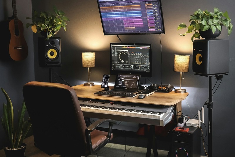 Native Instruments Komplete Kontrol S-series keyboard on a desk with a computer monitor showing software integration