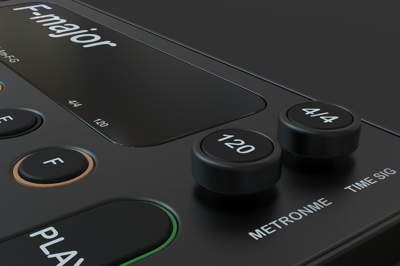 Close up of a MIDI foot controller showing footswitches and digital display