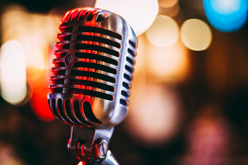 Vocalist recording with a condenser microphone and pop filter in an acoustically treated home studio